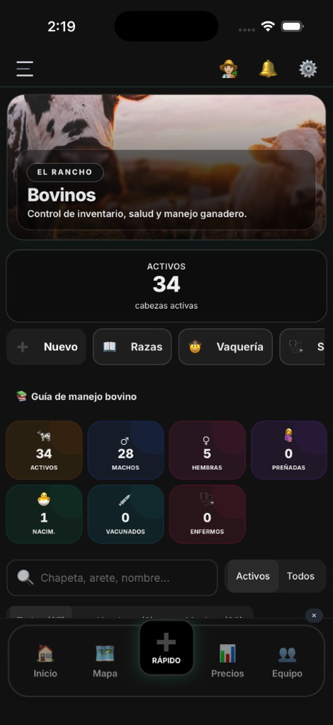 El Rancho Pro: bovinos (modo oscuro)