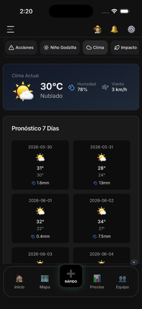 El Rancho Pro: clima y riesgo (modo oscuro)