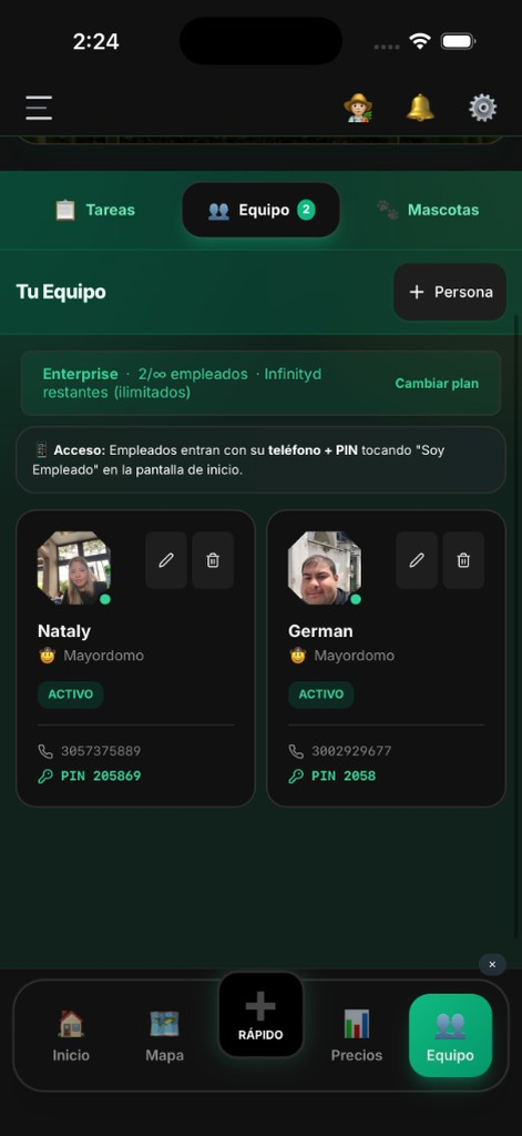 El Rancho Pro: equipo — plantilla de empleados (modo oscuro)