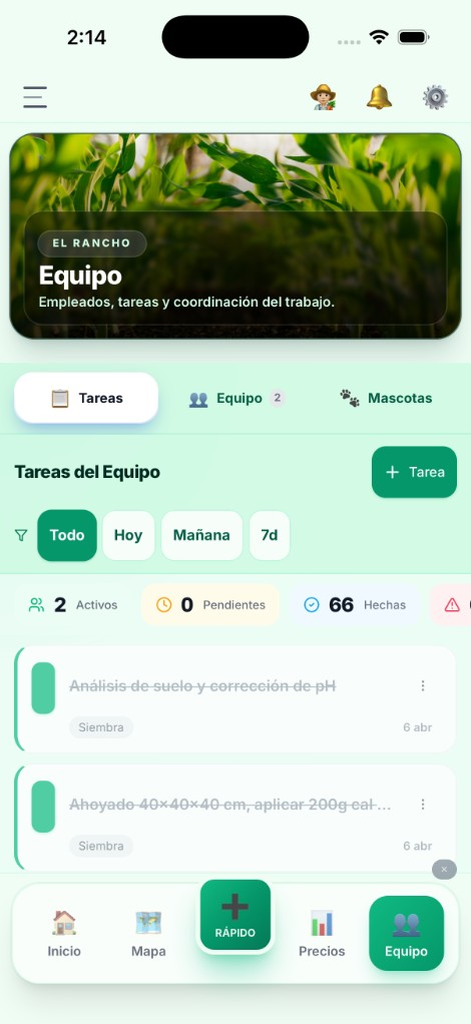 El Rancho Pro: tareas y equipo (modo claro)